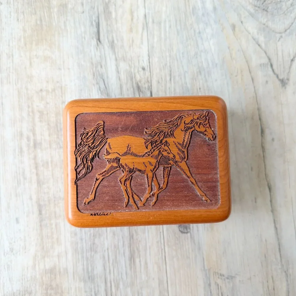 Vintage Horse Wood Jewelry Trinket Box Made in USA Western Equestrian Wilderness